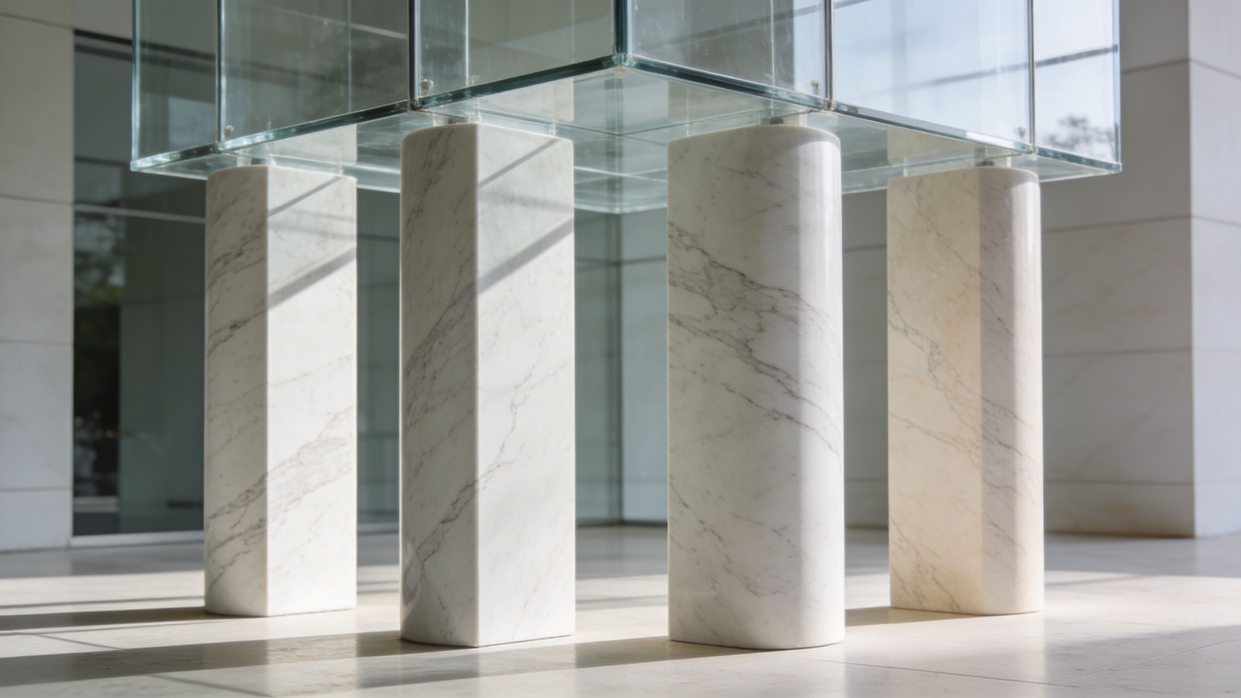 A modern art installation featuring a glass cube resting atop four tall, elegant white marble columns.