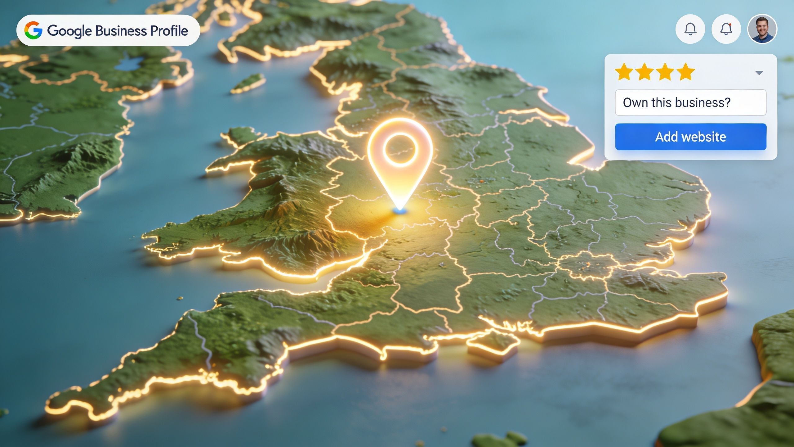A 3D representation of the UK map with a location pin and a Google Business profile interface.