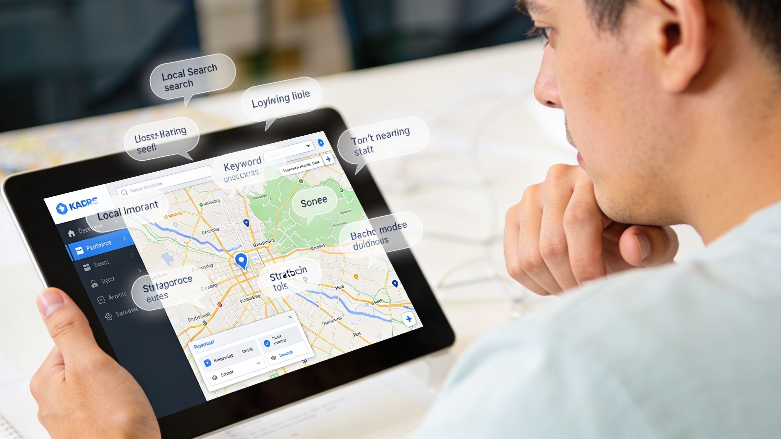 A person using a digital tablet to analyze local search map data for business website optimization purposes.
