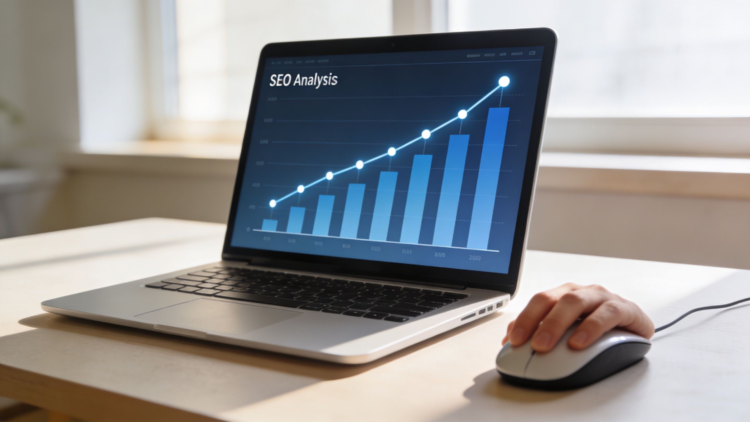 A laptop on a desk showing an upward trending SEO analysis bar chart with a mouse nearby.