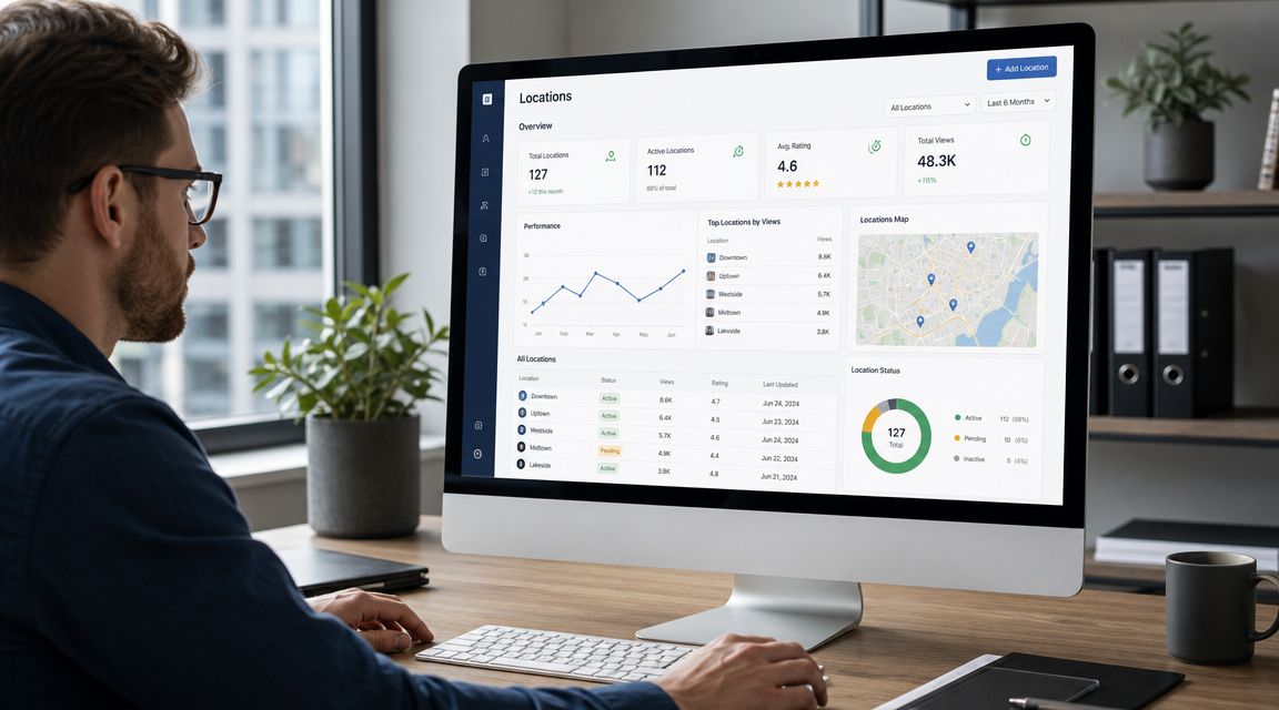 A professional analyzing a location management software dashboard on a desktop computer screen in an office.