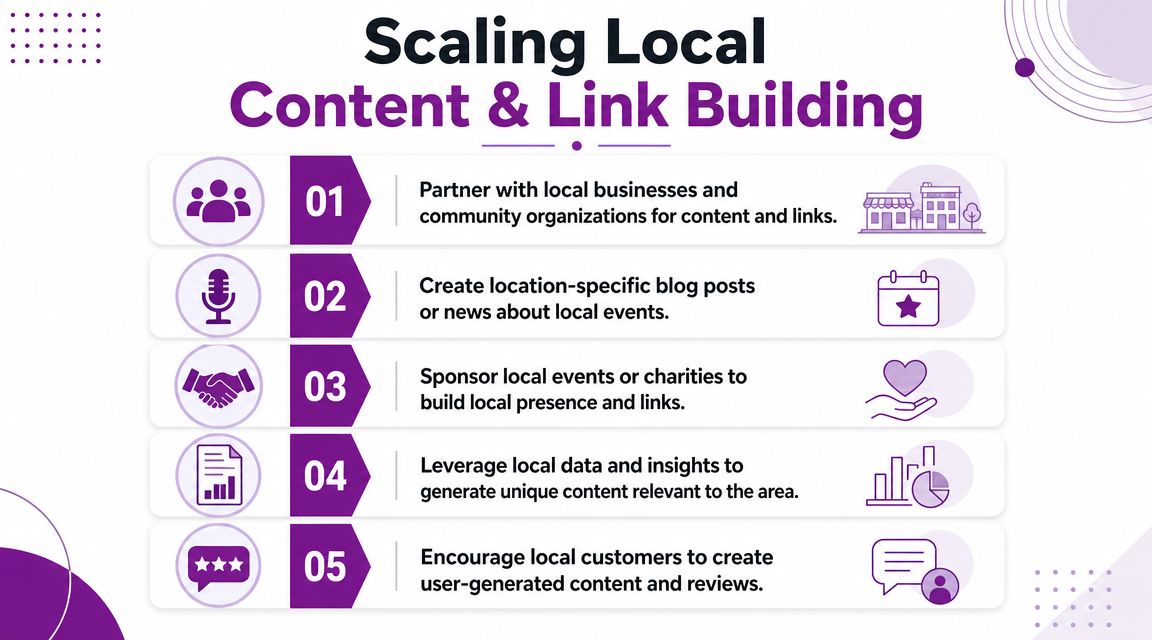 A list of five strategic methods for scaling local content and link building for businesses.