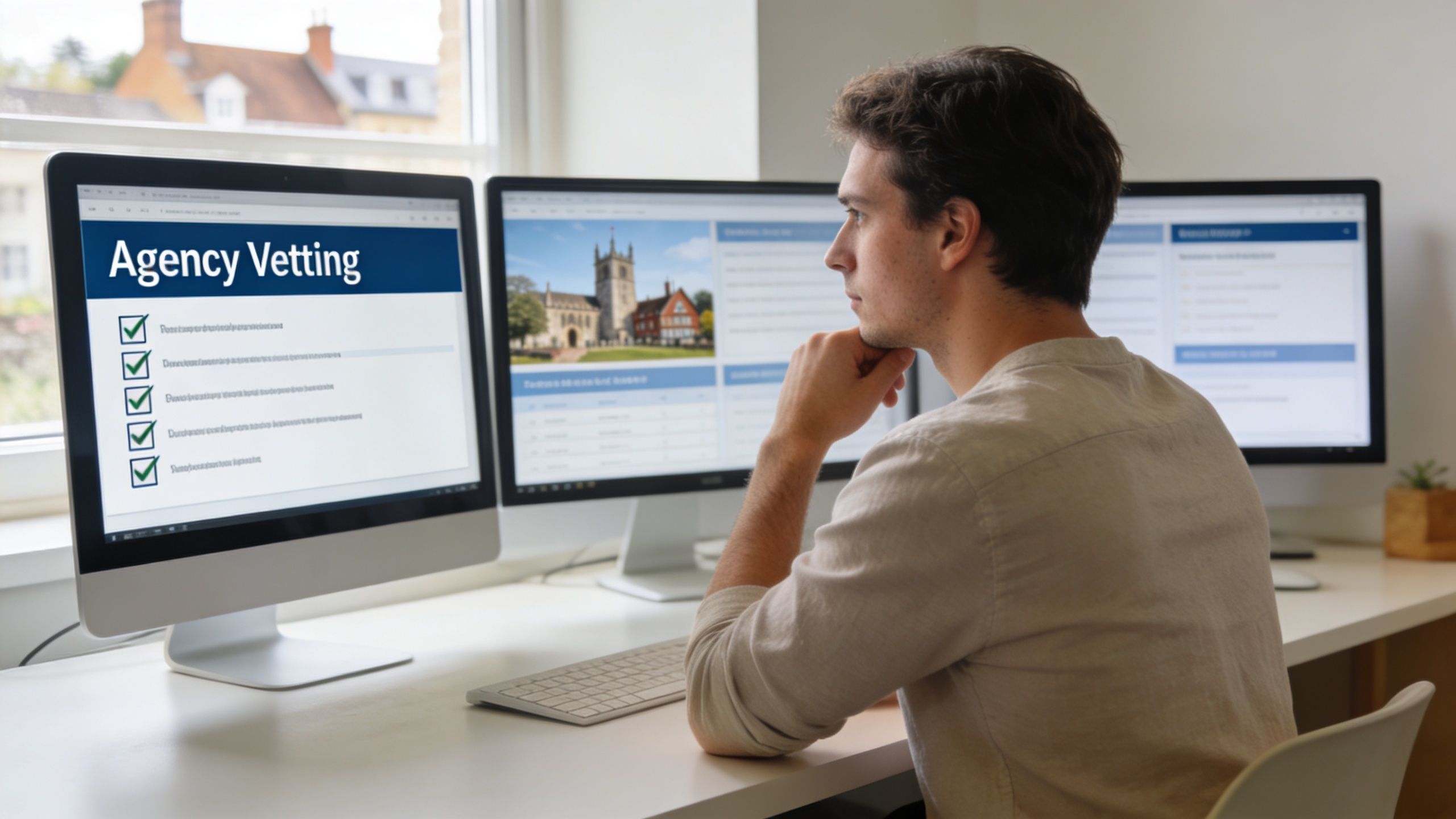 A professional man reviewing agency vetting criteria on a computer screen in a modern bright office.