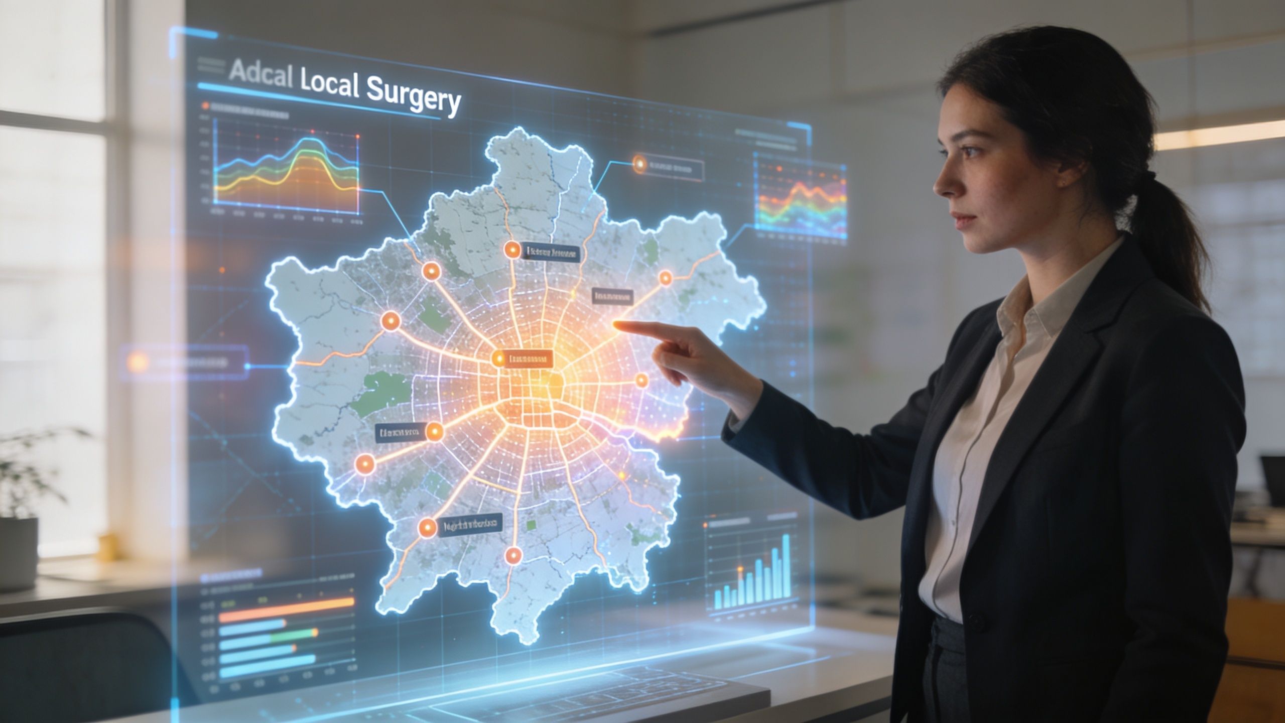 A professional woman interacting with a futuristic digital holographic map display showing data analytics in an office.