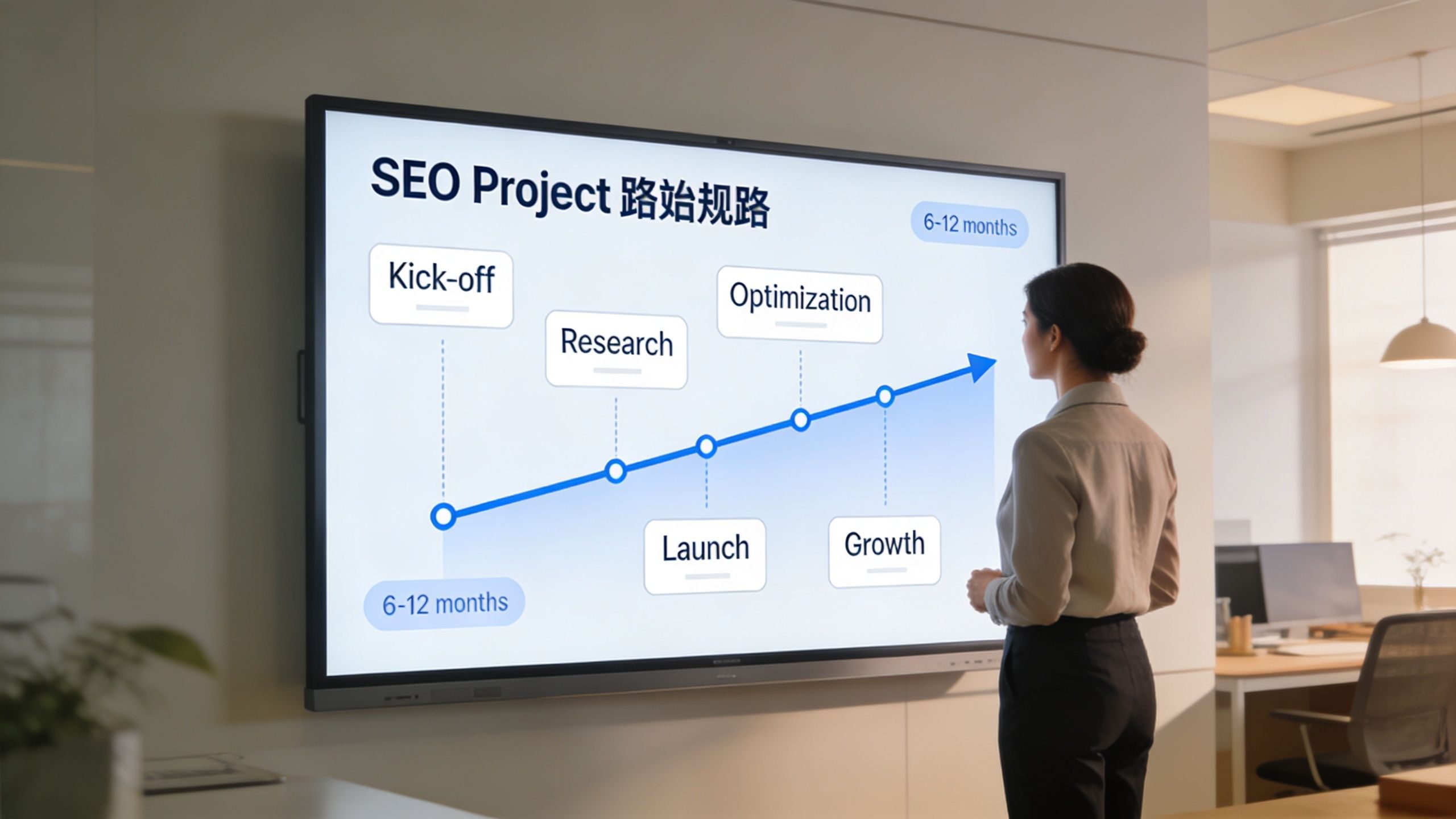 A professional woman presenting a visual SEO project roadmap on a large digital screen in an office.