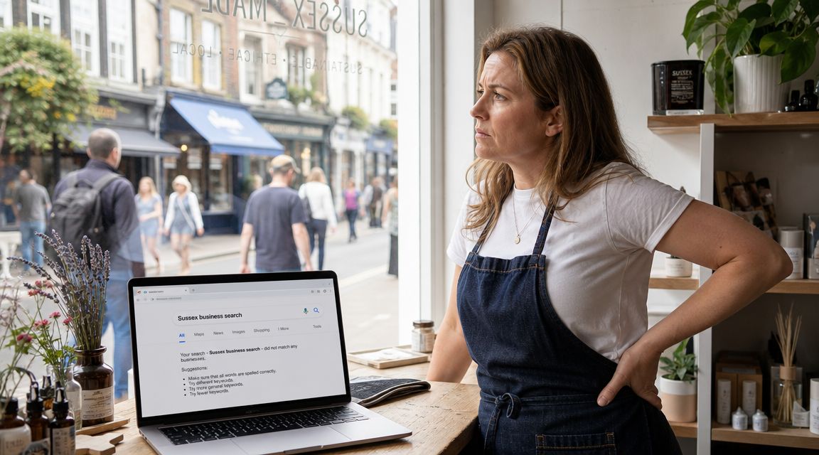 A store owner looking out the window while working on a laptop displaying a search result.