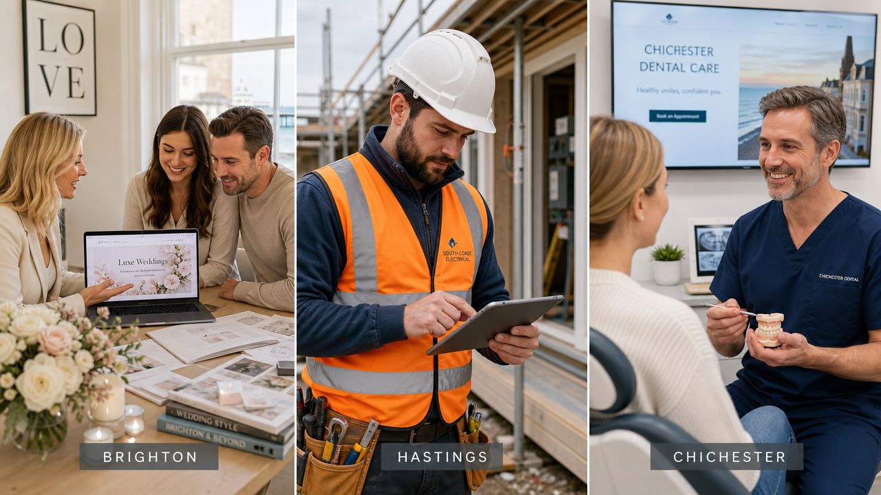 Three professional scenes representing local businesses in Brighton, Hastings, and Chichester for SEO marketing services.