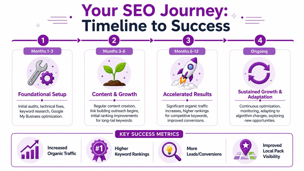 A four-step infographic illustrating the SEO journey timeline from foundational setup to ongoing growth and success metrics.