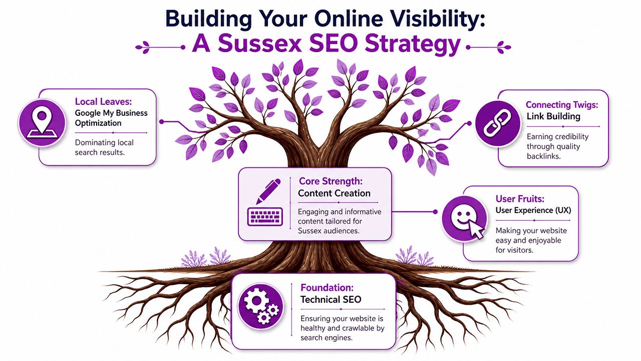 An infographic showing a tree representing a SEO strategy for Sussex, detailing various website optimization components.