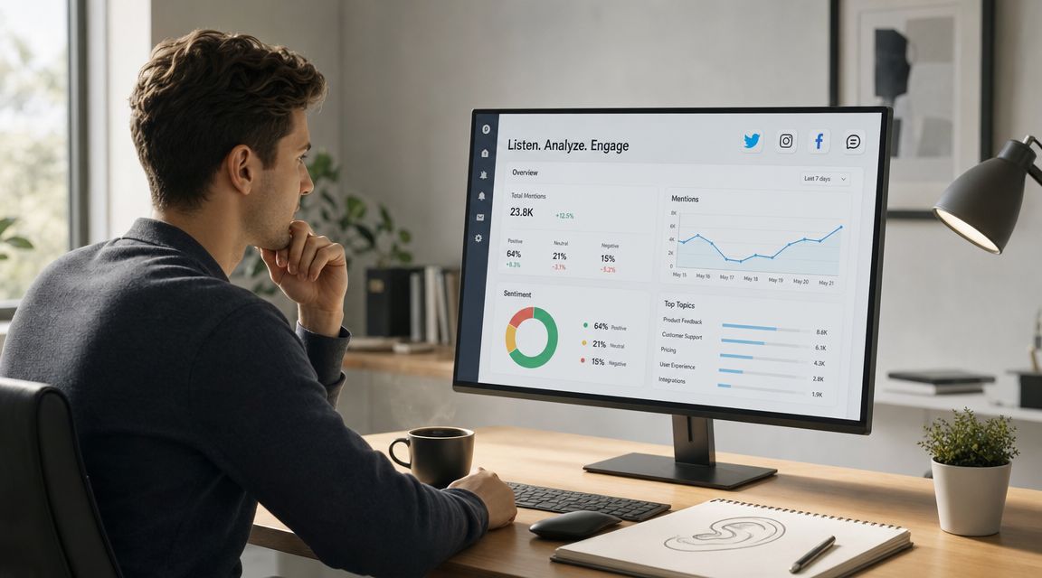 A young man sits at a desk, reviewing social media sentiment and engagement data on a computer monitor.