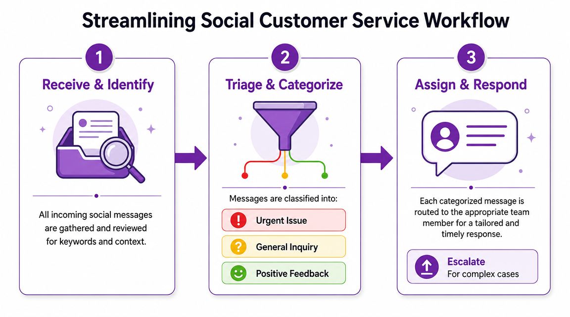 A three-step flowchart illustrating a streamlined workflow process for managing social media customer service messages.