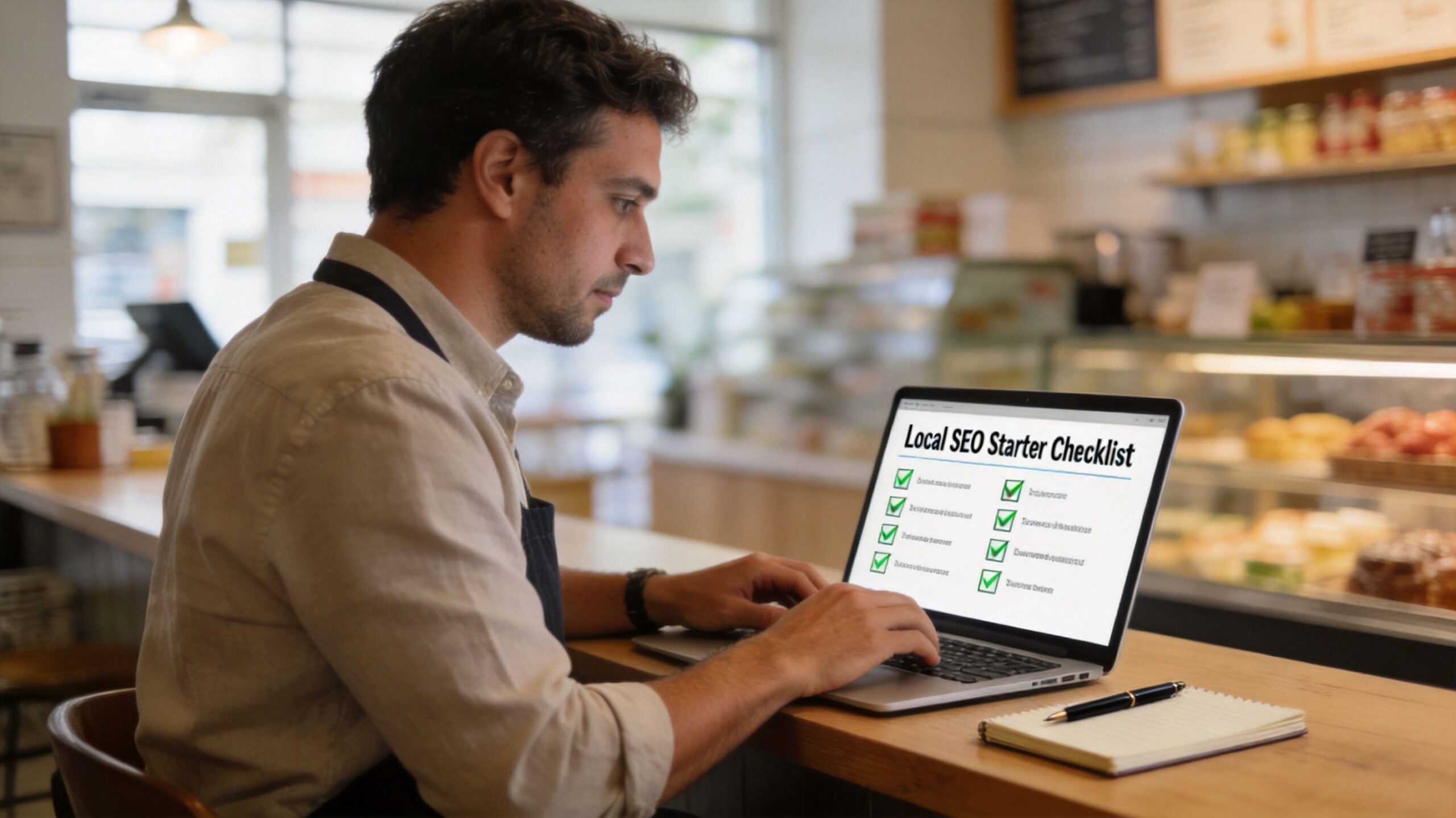 A cafe owner wearing an apron works on a laptop showing a completed Local SEO Starter Checklist.