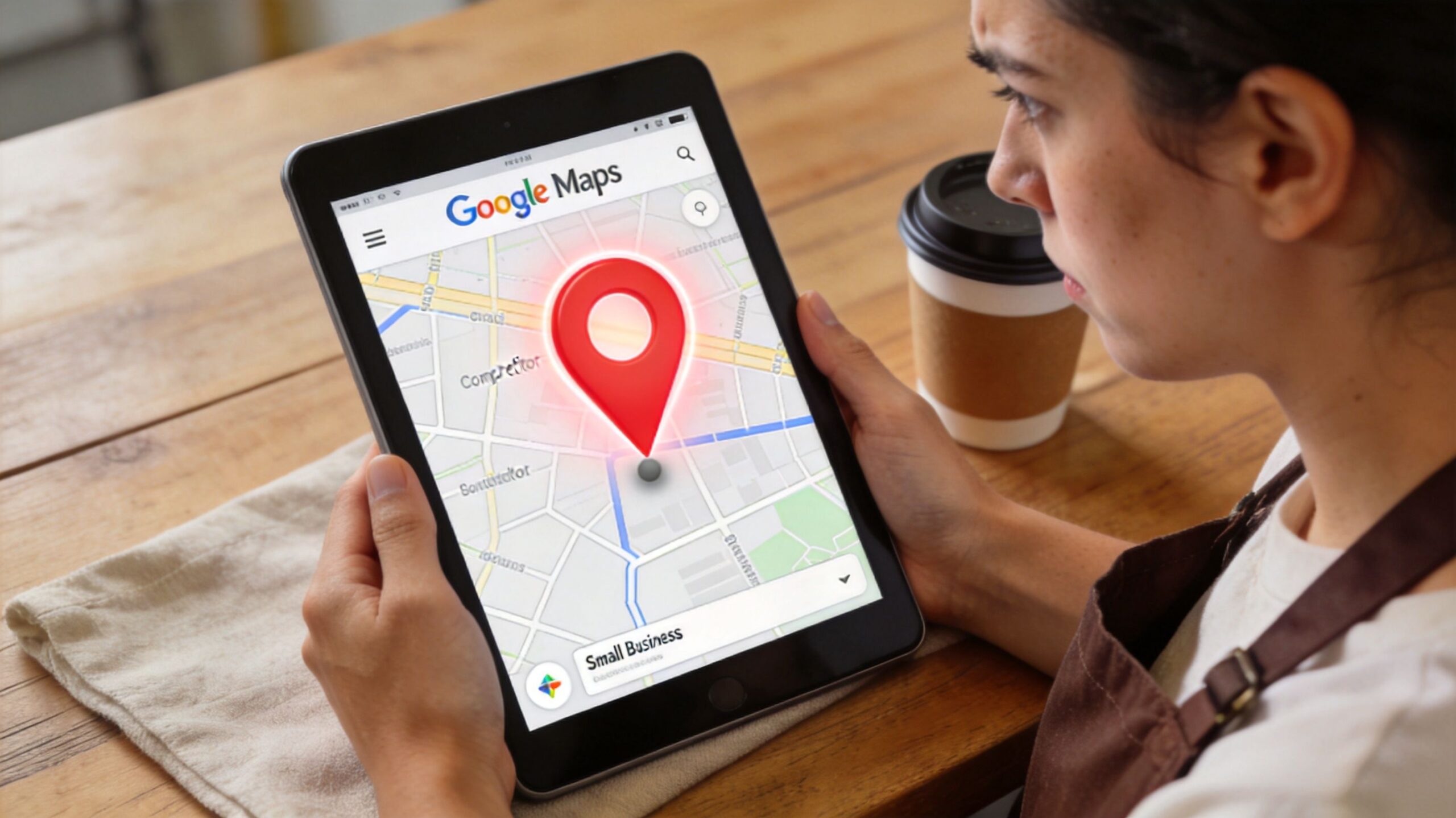 A person holding a tablet displaying a Google Maps interface with a prominent location pin indicator.