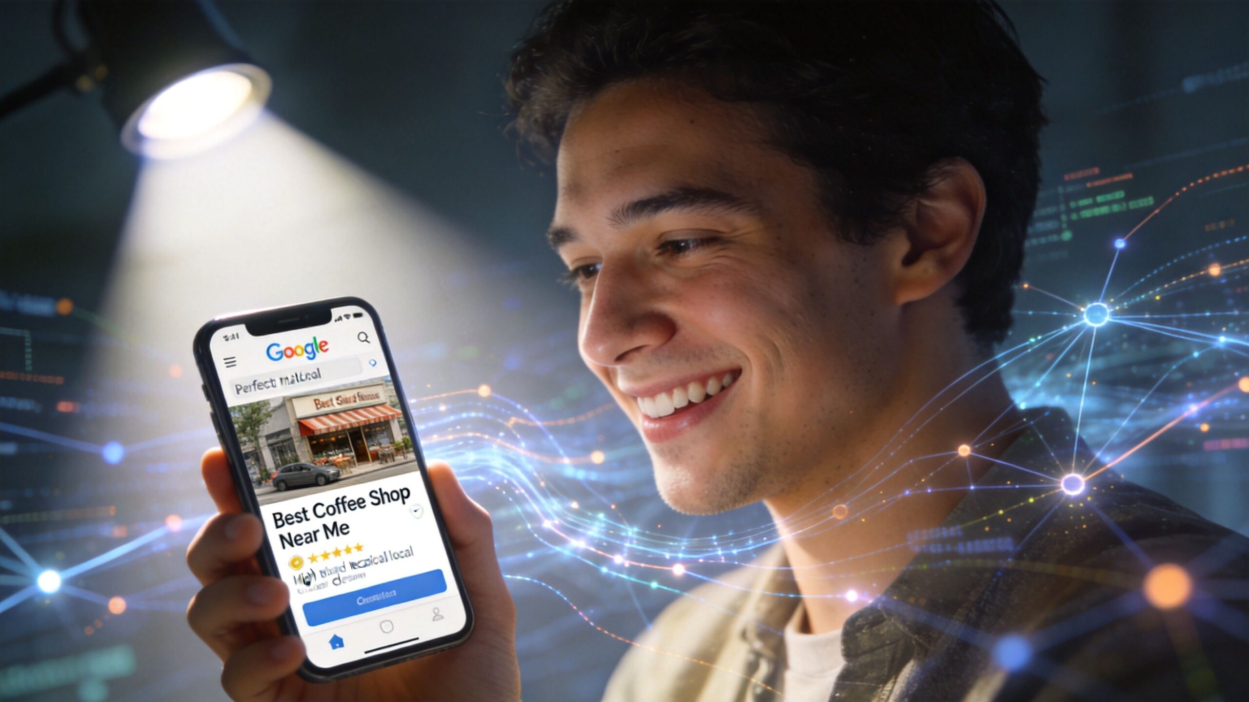 A young man smiling while looking at a mobile phone displaying a local search result for coffee shops.