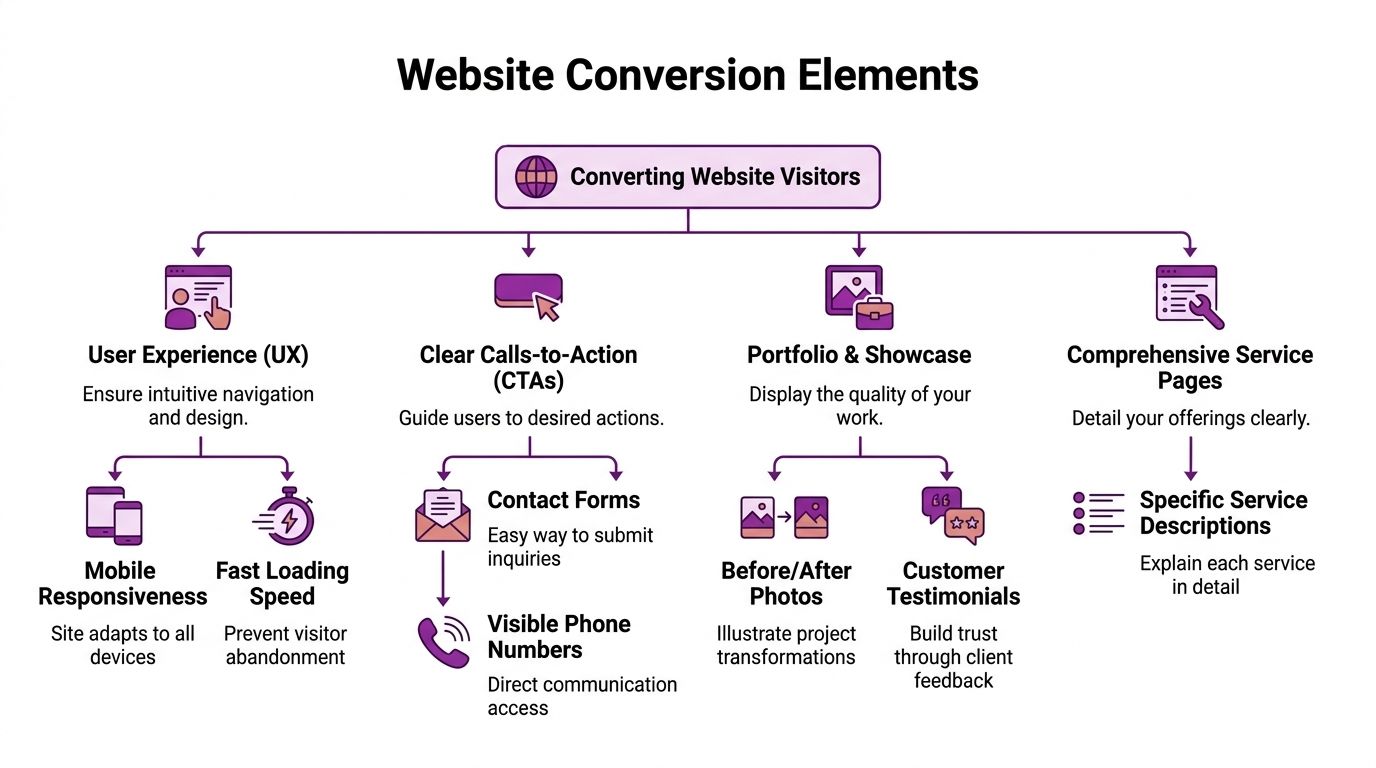 A diagram illustrating essential website conversion elements for improving user experience, calls-to-action, portfolio, and service details.