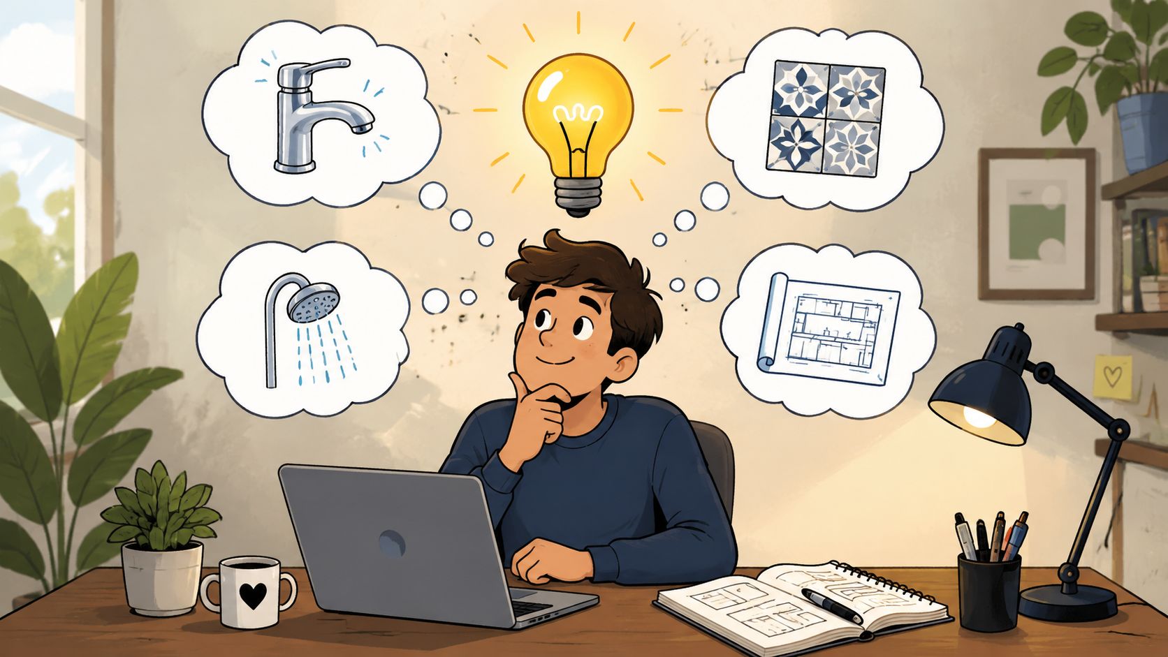 A young man sitting at a desk thinking about bathroom renovation design ideas with icons floating above.