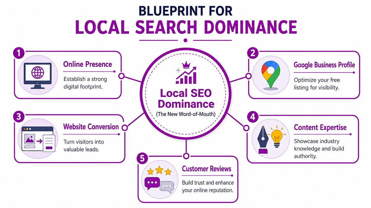 A diagram outlining the five key components for achieving dominance in local search engine optimization.