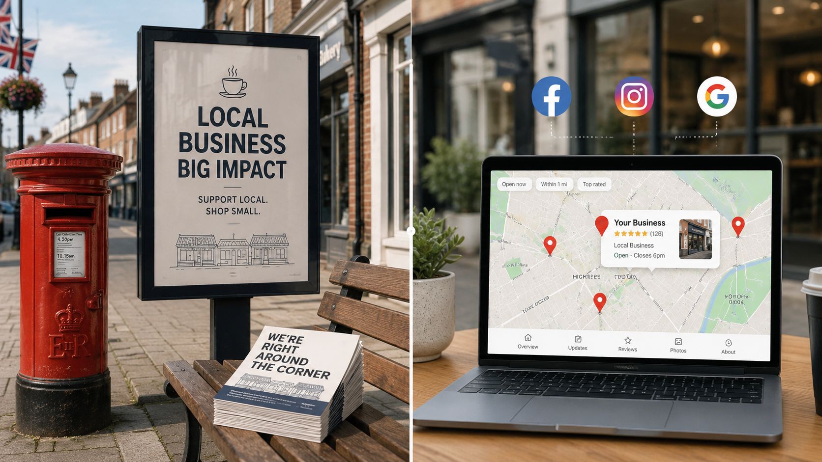 A split image showing a physical sign for local businesses next to a laptop displaying online maps.