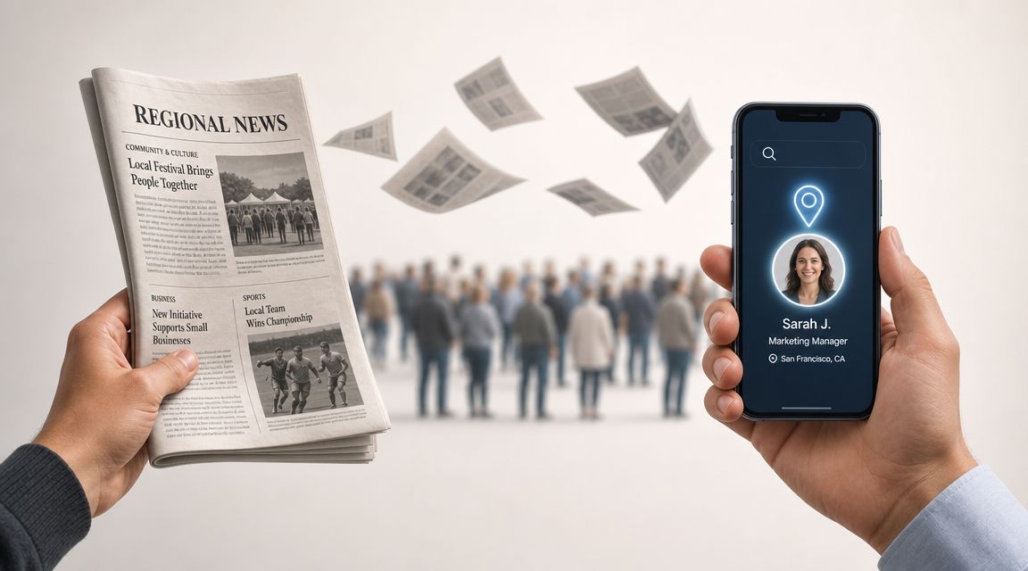 A person holding a newspaper and a smartphone displaying a digital profile, comparing traditional and modern media.