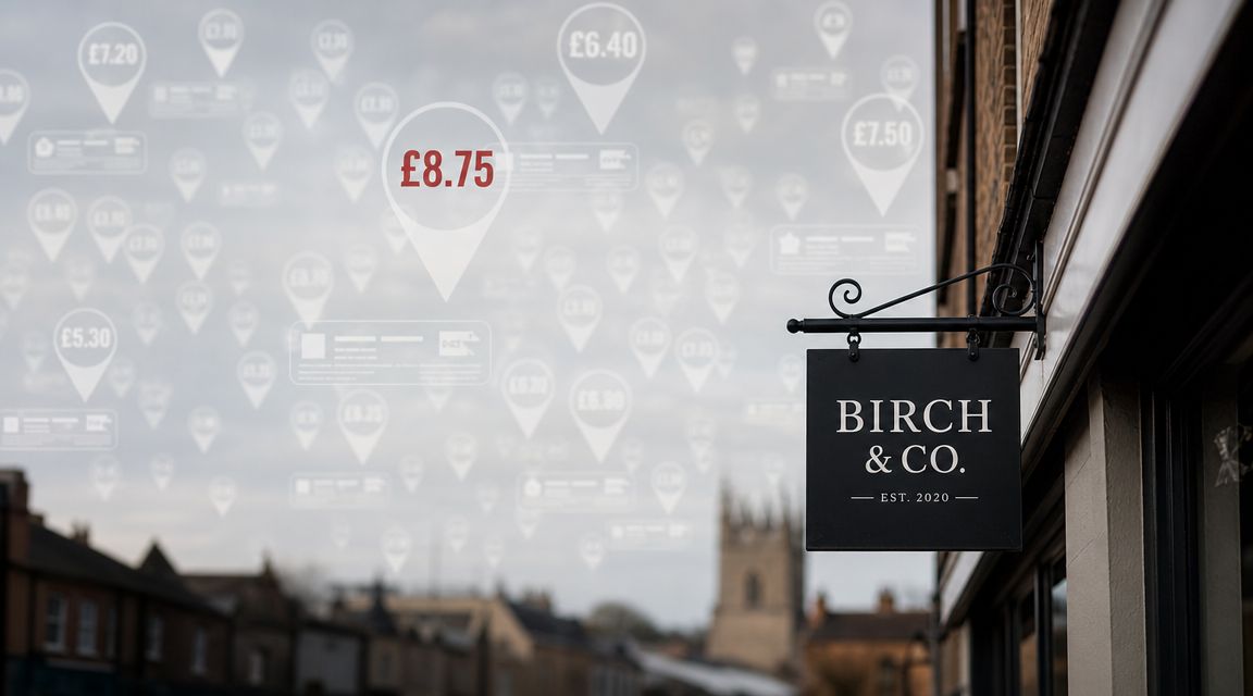 A commercial shop sign for Birch & Co with holographic price pins floating in the background.