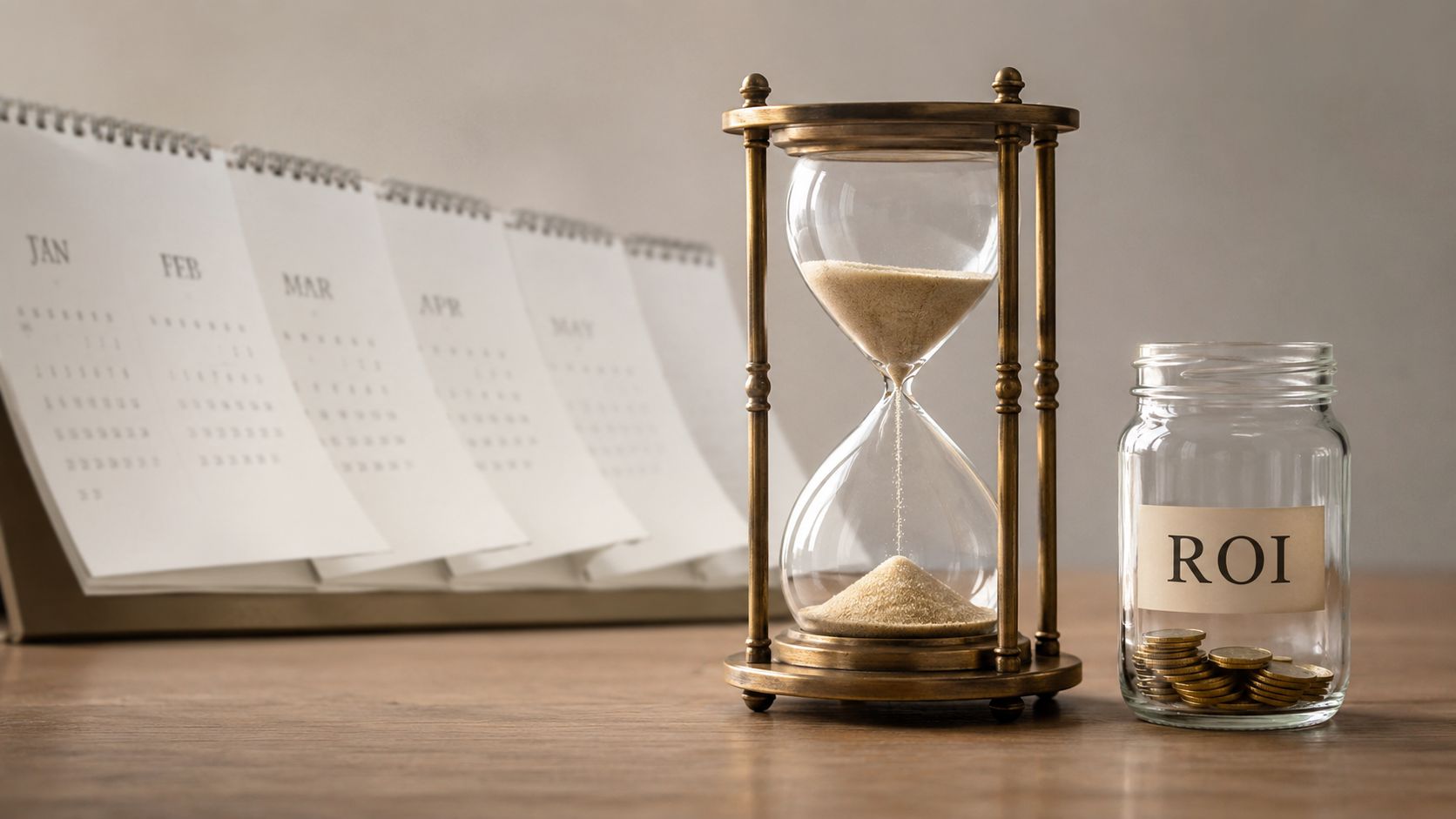 An hourglass and a jar labeled ROI with coins inside placed next to a calendar.
