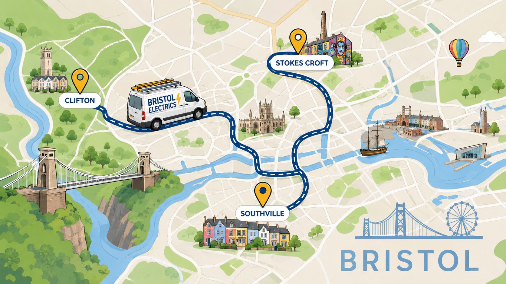 A map illustration of Bristol highlighting the Clifton, Stokes Croft, and Southville areas with a service van.