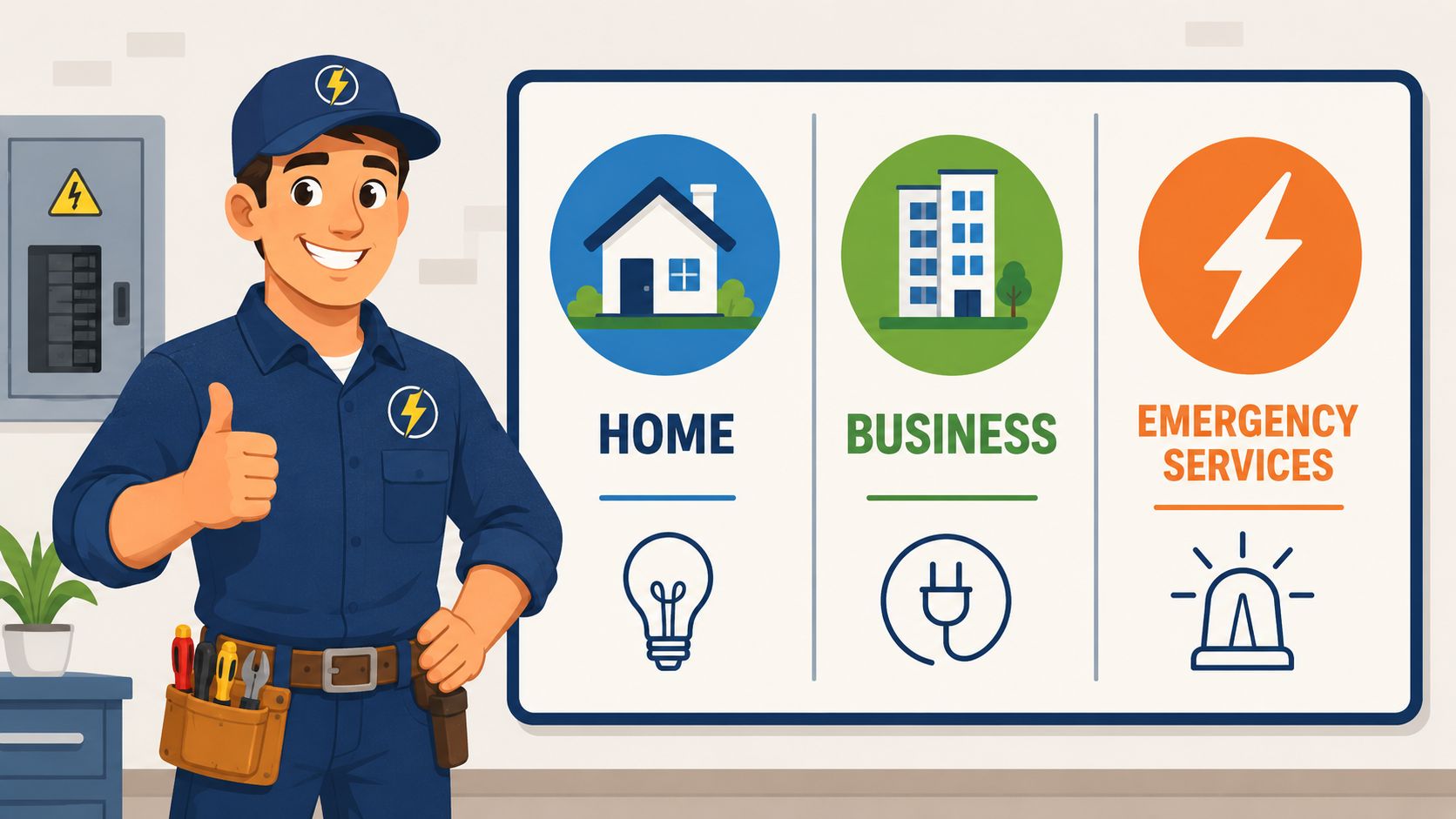 A friendly electrician giving a thumbs up next to a sign showing home, business, and emergency services.