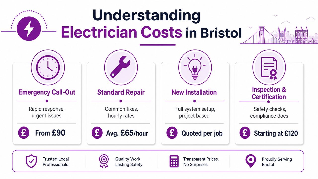 An infographic detailing typical costs for various electrician services in Bristol, including repairs and installations.