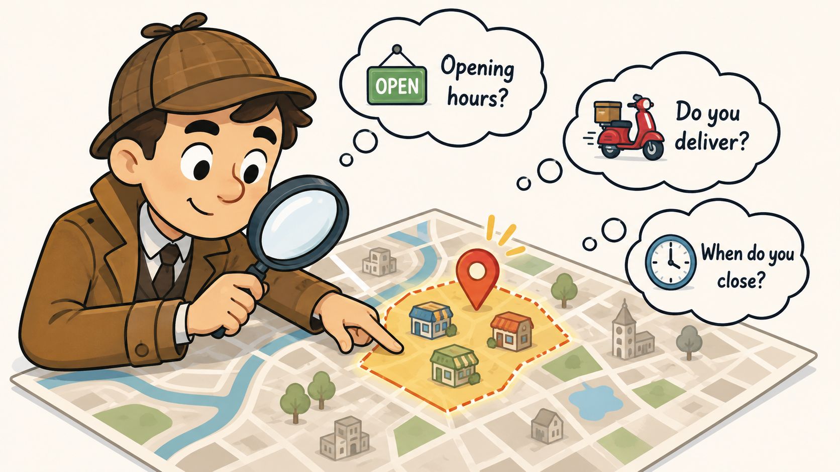 A cartoon detective investigating a digital map with speech bubbles asking common business FAQ questions.