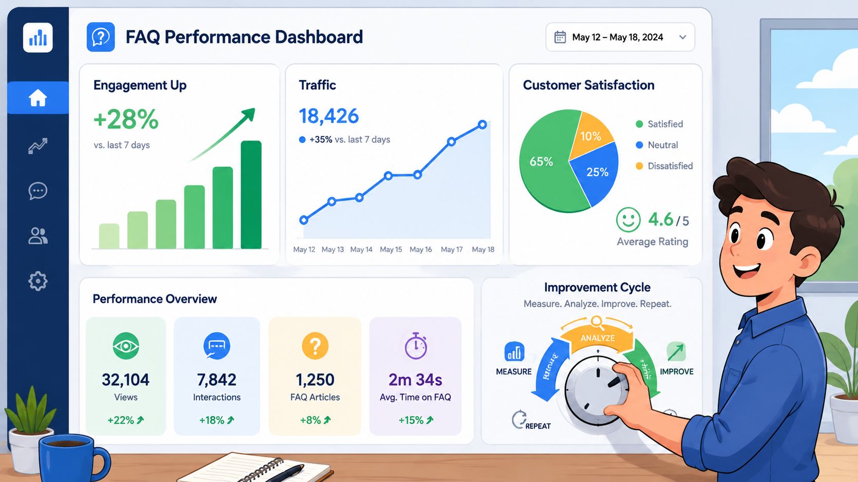 A friendly illustration of a man pointing at a digital FAQ performance dashboard showing customer satisfaction metrics.