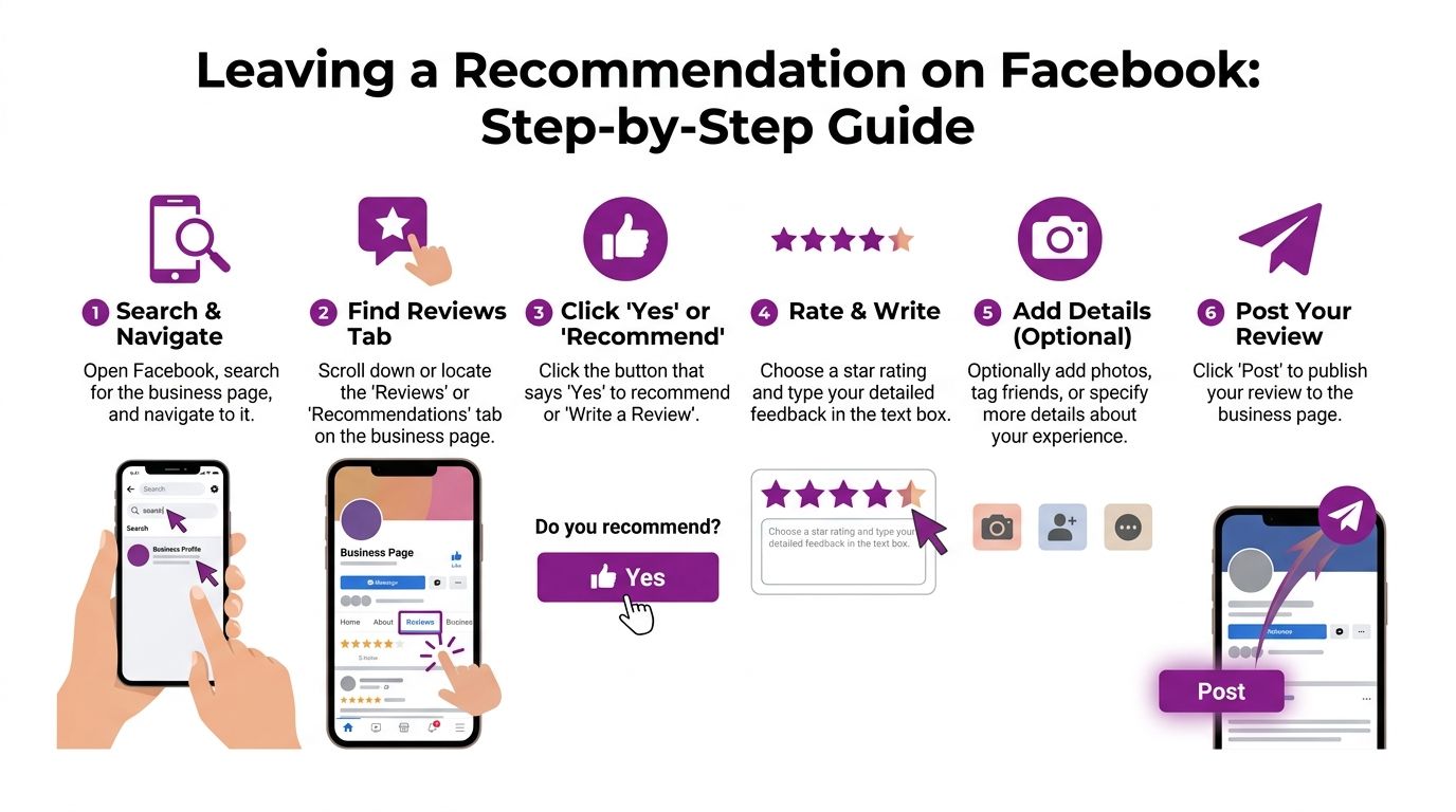 A six-step infographic guide showing how to leave a recommendation and review on a Facebook business page.