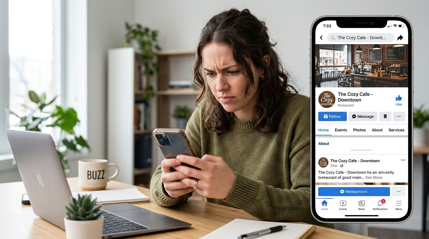 A concerned woman using her smartphone to check a local business page on social media.