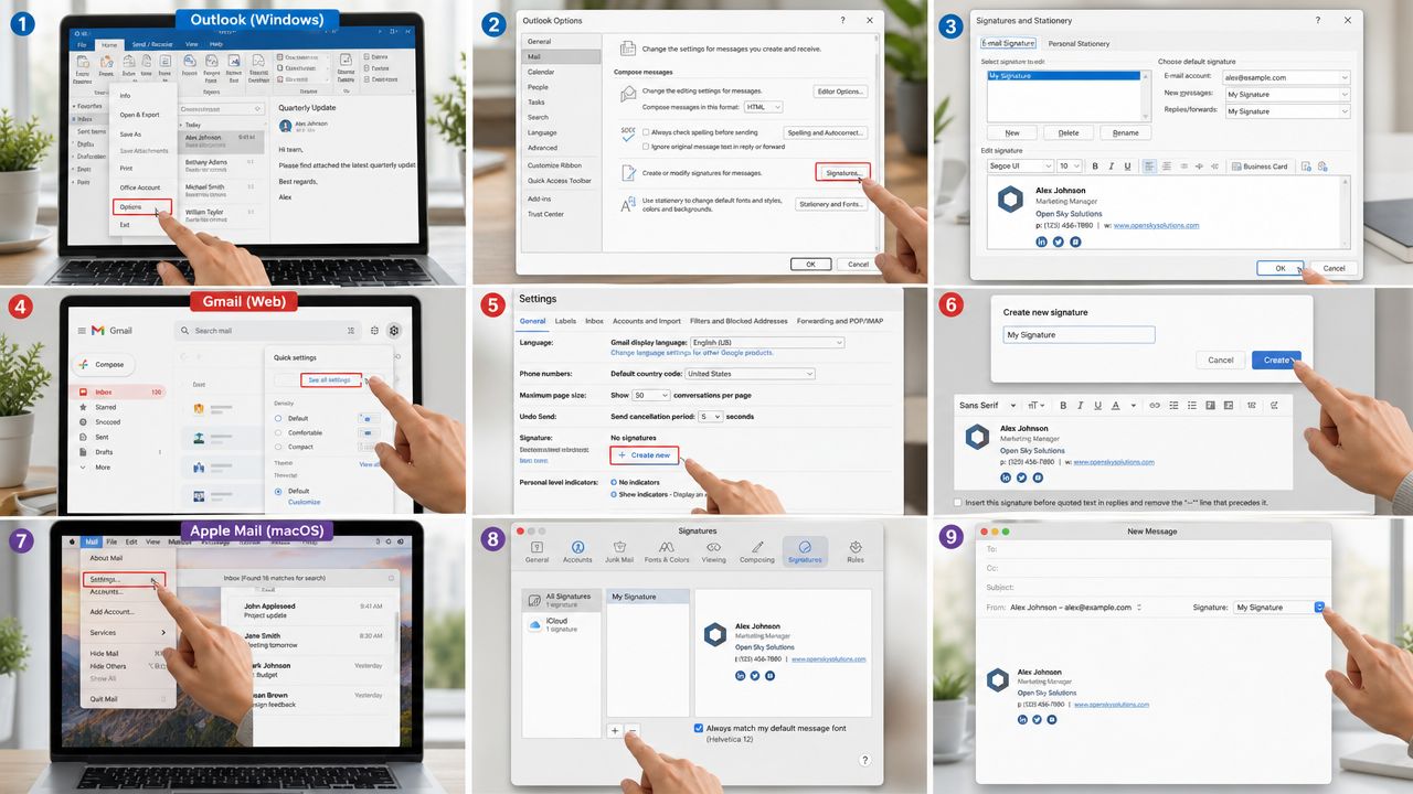 A step-by-step guide on how to create and set up HTML email signatures across Outlook, Gmail, and Apple Mail.