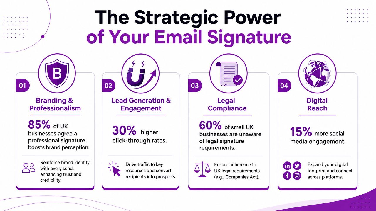 An infographic detailing four strategic benefits of professional email signatures for businesses in the UK.