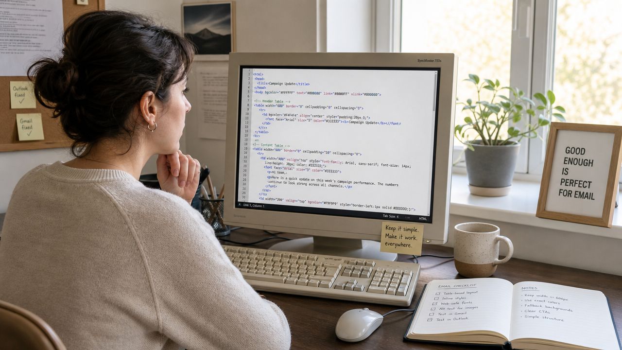 A woman working on HTML email code at a desk with a computer monitor and notes.