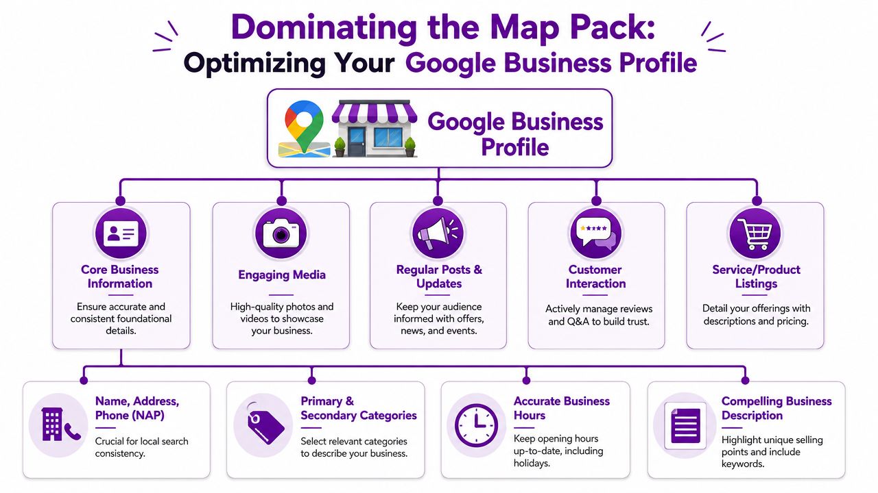 An infographic detailing five key steps to optimize a Google Business Profile for better search rankings.