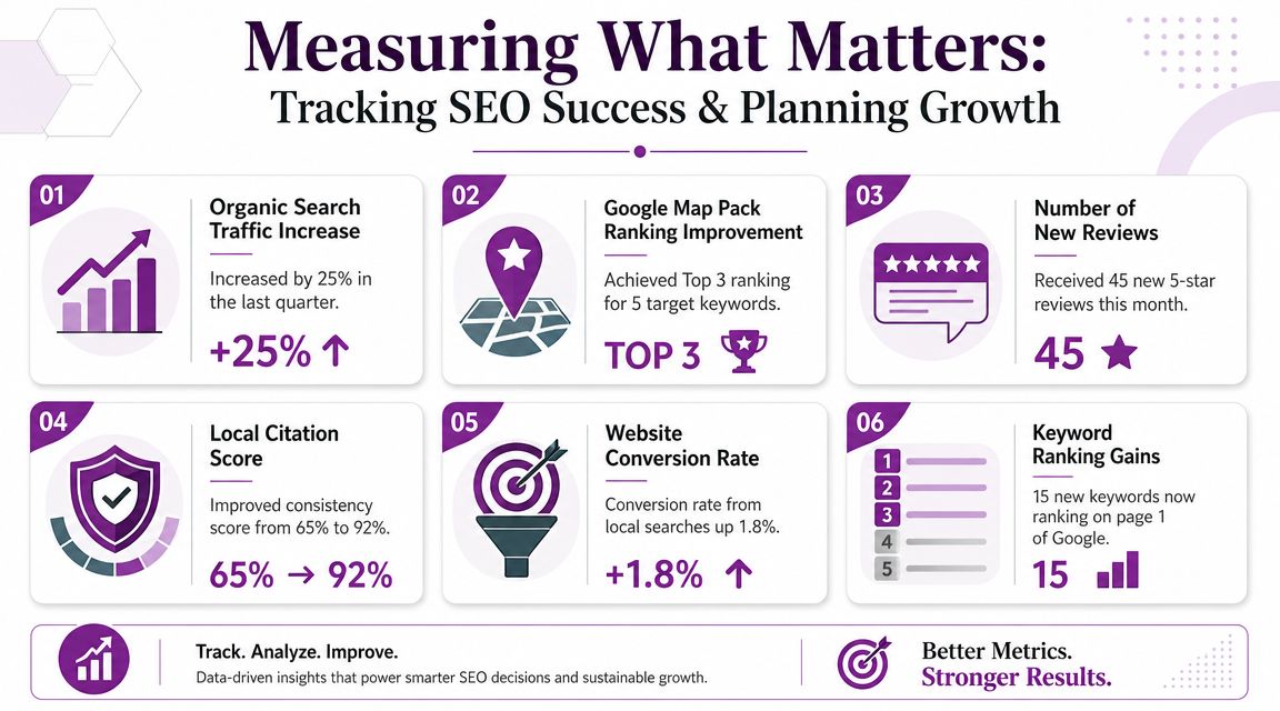An infographic titled Measuring What Matters showing six key metrics for tracking SEO success and growth.