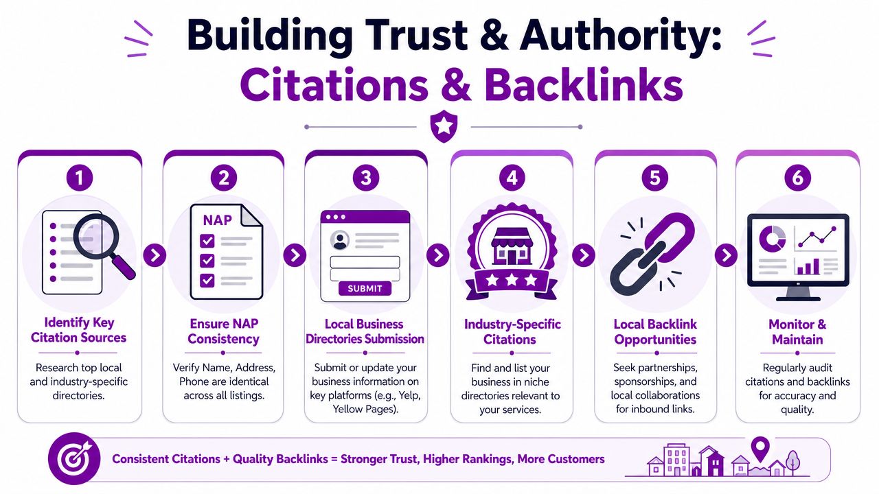 A six-step infographic illustrating strategies to build trust and authority through business citations and backlinks.