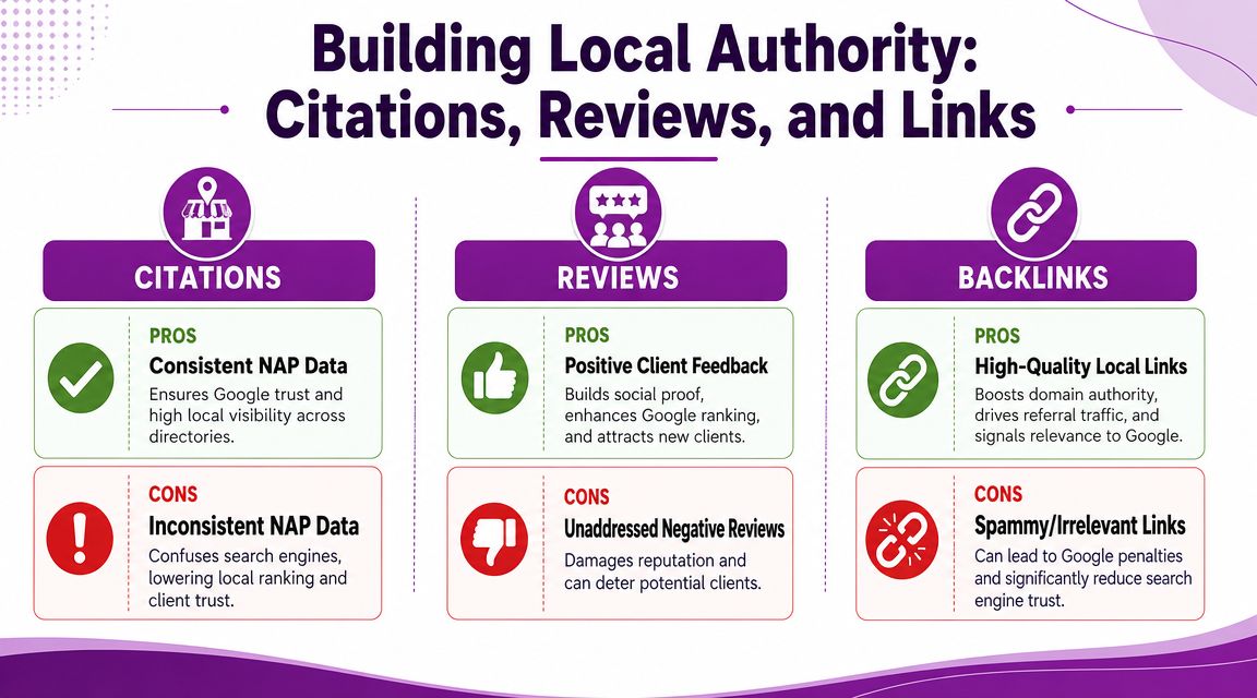 An infographic titled Building Local Authority showing pros and cons of citations, reviews, and backlinks.