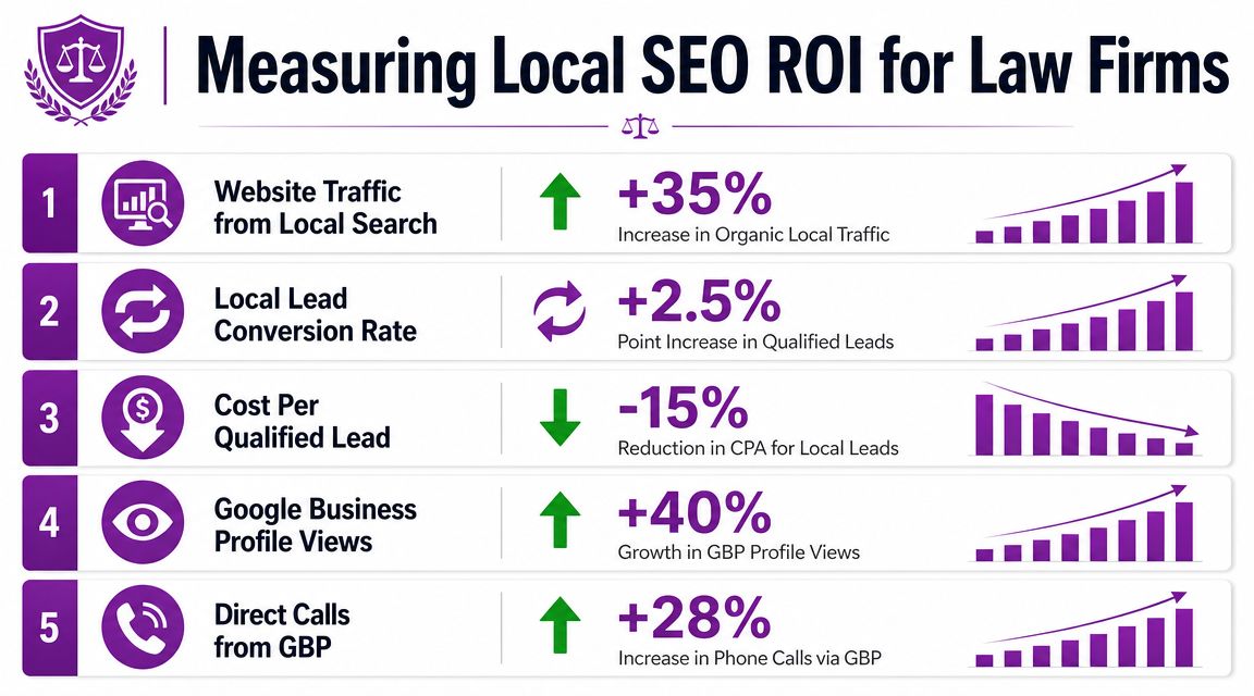 An infographic showing five key metrics for measuring local SEO return on investment for law firms.