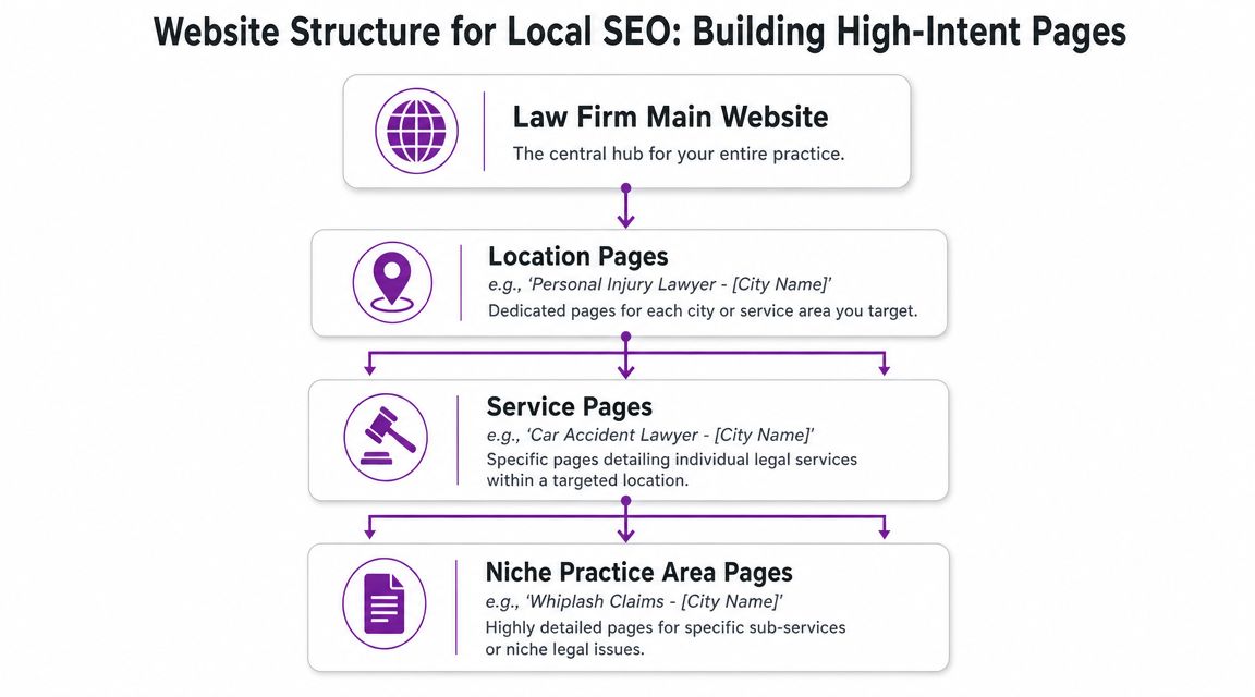A diagram illustrating a hierarchical website structure designed to improve local SEO for law firm websites.