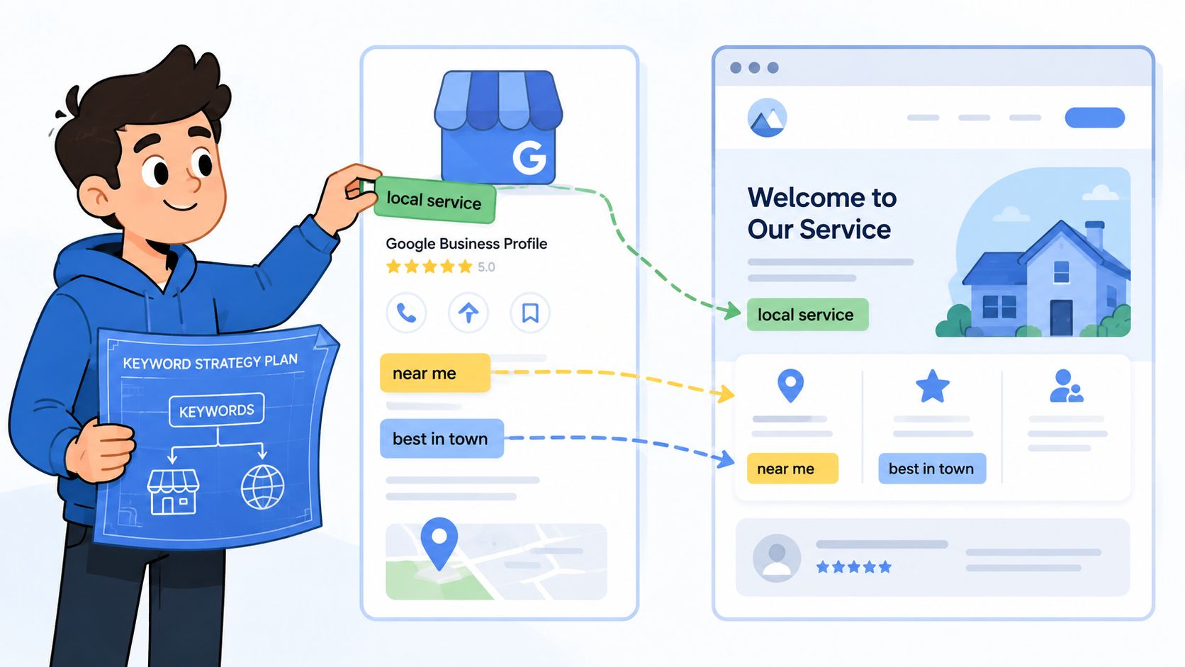 A professional illustration showing how to map local SEO keywords from a Google Business Profile to website content.