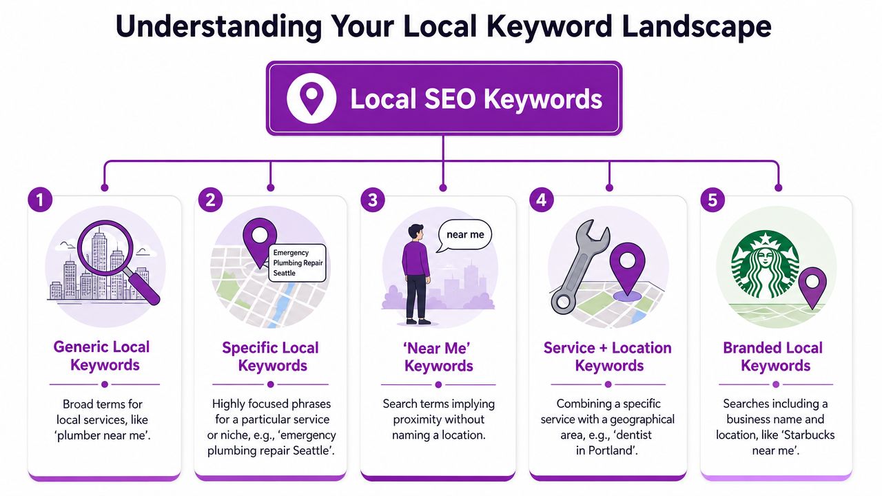 A diagram illustrating five different types of local SEO keywords for improving search engine visibility.