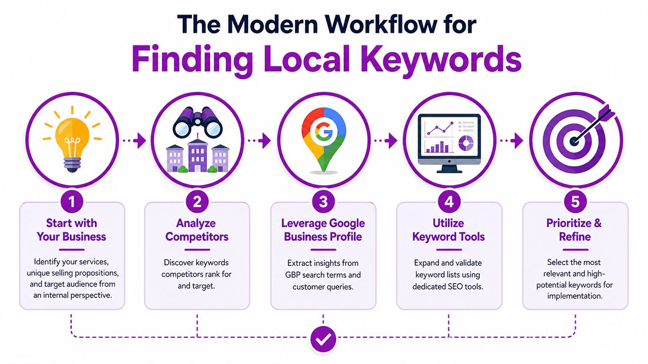 A five-step infographic illustrating the modern workflow for finding effective local SEO keywords for businesses.