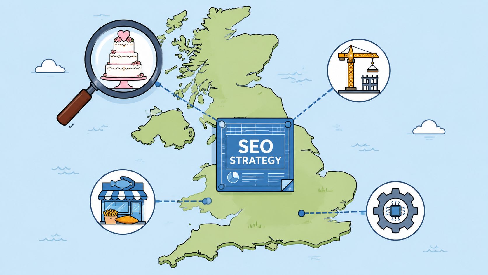 A map of the United Kingdom surrounded by icons representing various industries for a managed SEO strategy.