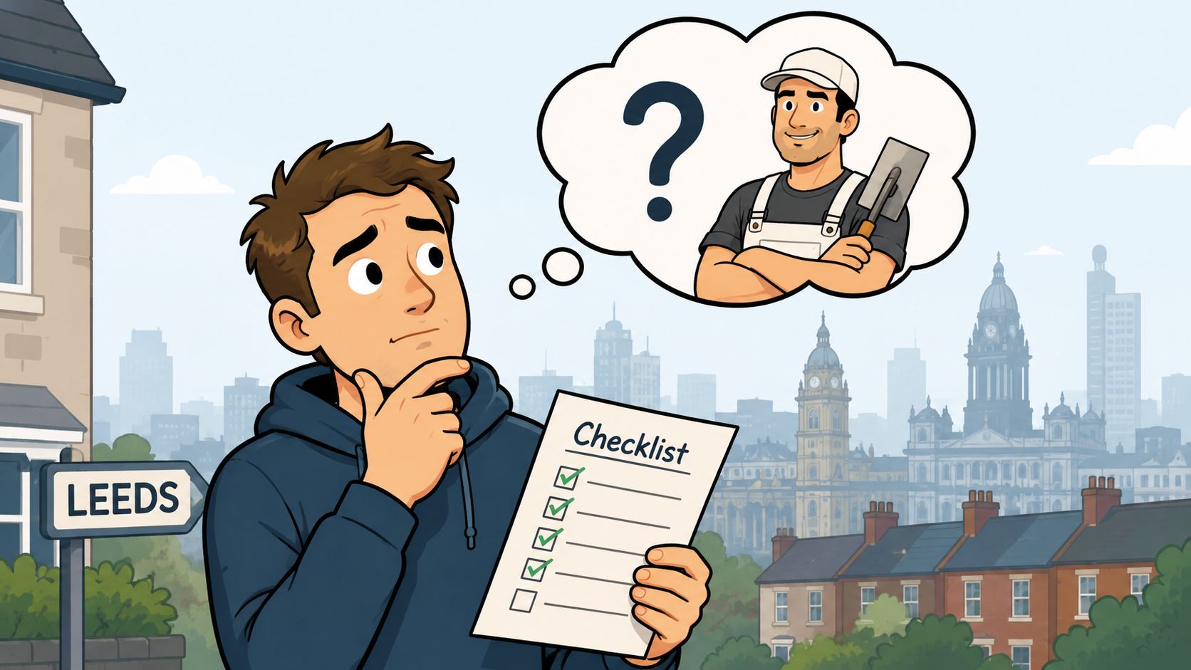 A young man holding a checklist while considering hiring a professional plasterer in the city of Leeds.