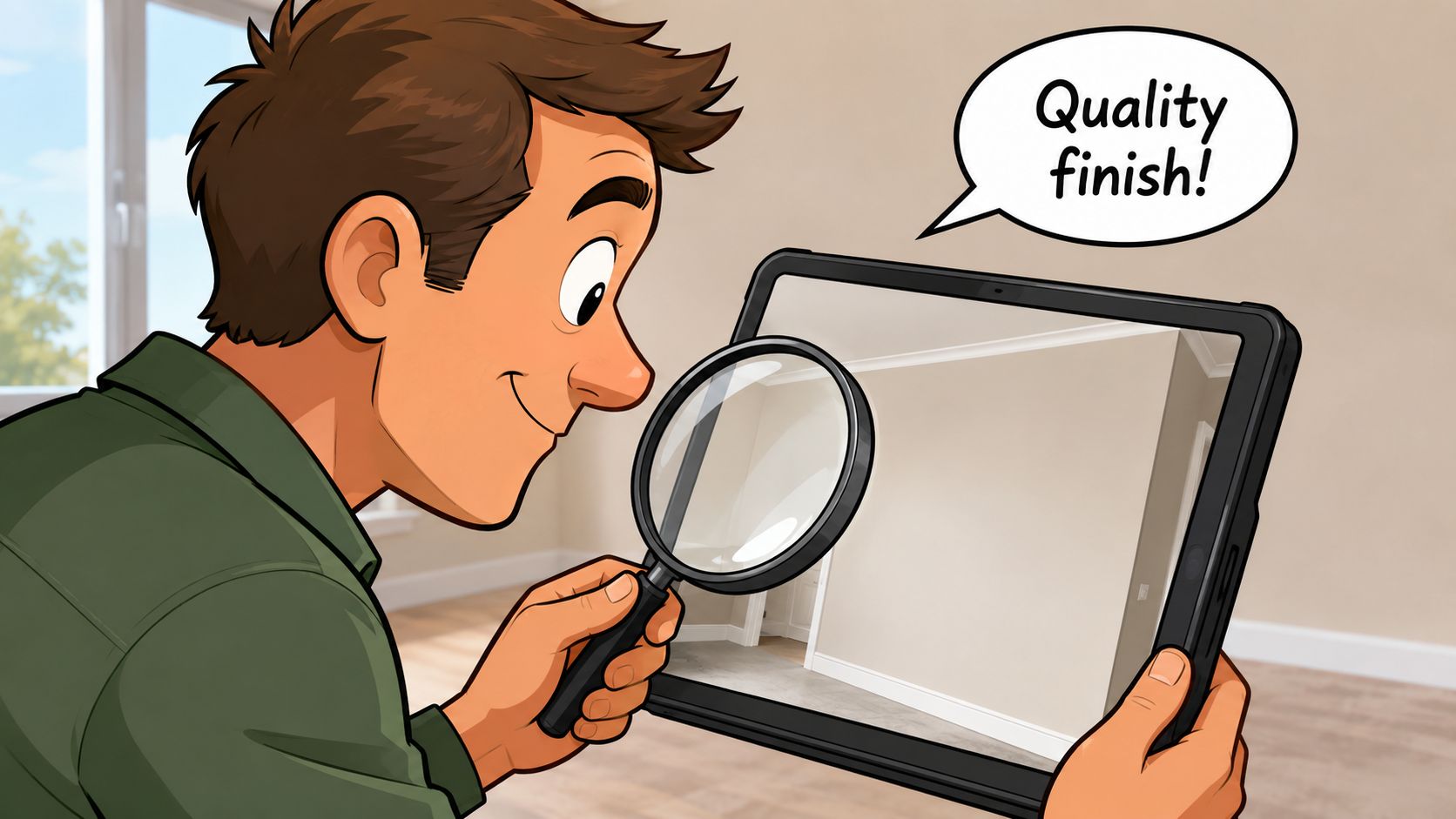 A cartoon man using a magnifying glass to inspect a quality room finish on a tablet screen.