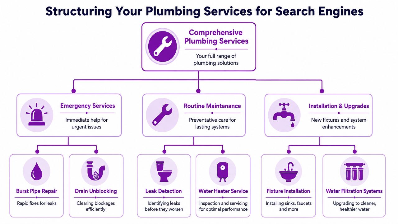 A flowchart diagram illustrating how to structure plumbing services for search engine optimization and website navigation.