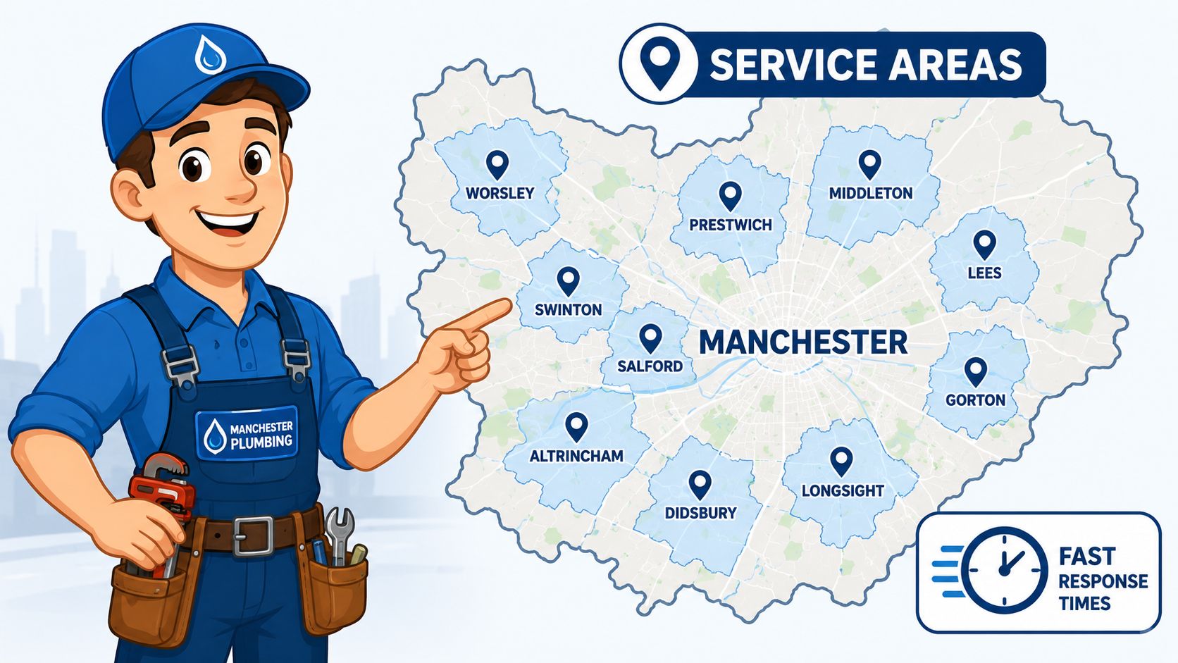 A friendly cartoon plumber pointing at a map of Manchester highlighting key plumbing service areas and coverage.