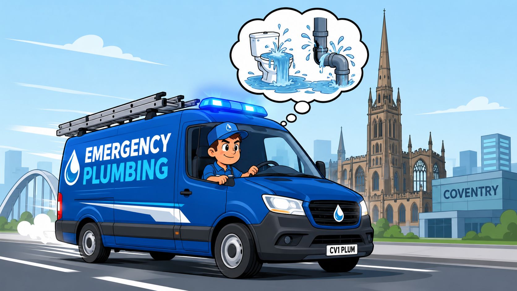 A blue emergency plumbing van driving past the historic Coventry cathedral with a thought bubble showing plumbing issues.